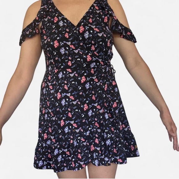 Floral Wrap Cold Shoulder Dress - Black and Pink - Picture 1 of 3